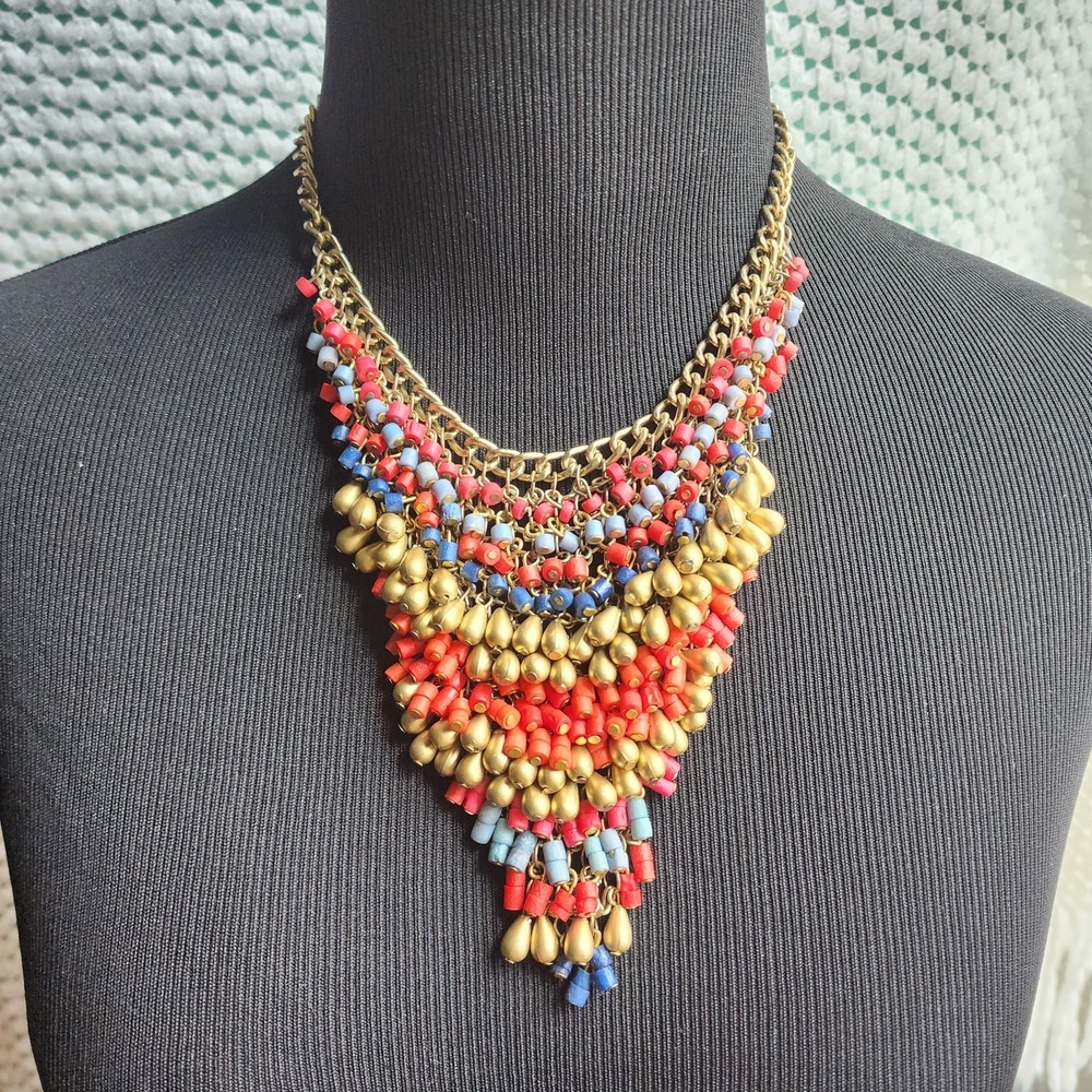 Boho Multi Strand Seed Bead Gold Teardrop Bib Statement Necklace Red Blue